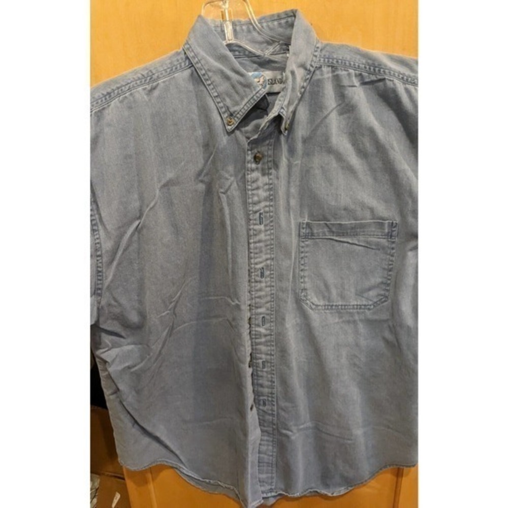 World Island shirt Denim Light Distressed Wash Cotton Short Sleeve‎ Button Large